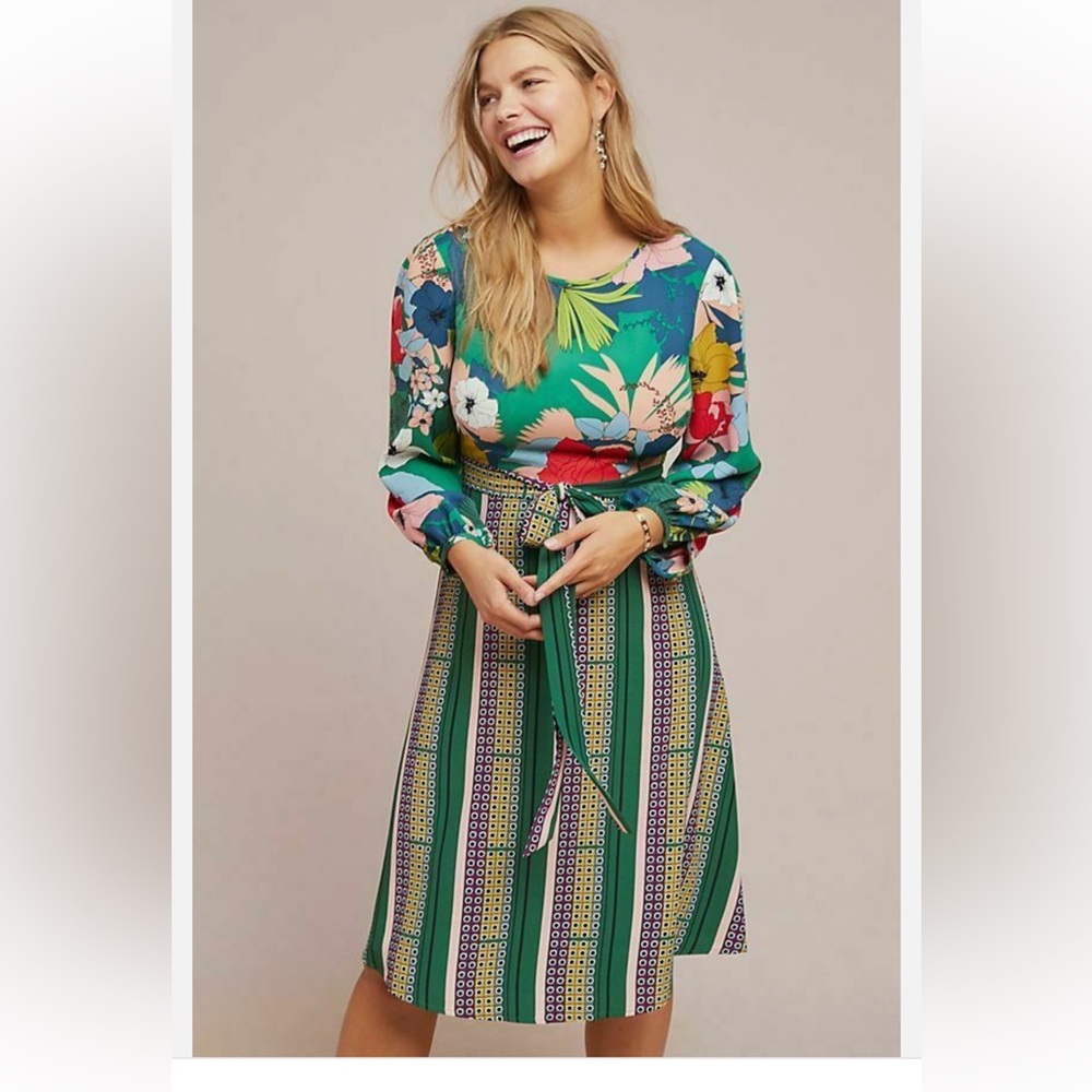 ANTHROPOLOGIE TRAFFIC PEOPLE Trompe L’oeil Floral Graphic Retro Midi Dress S
